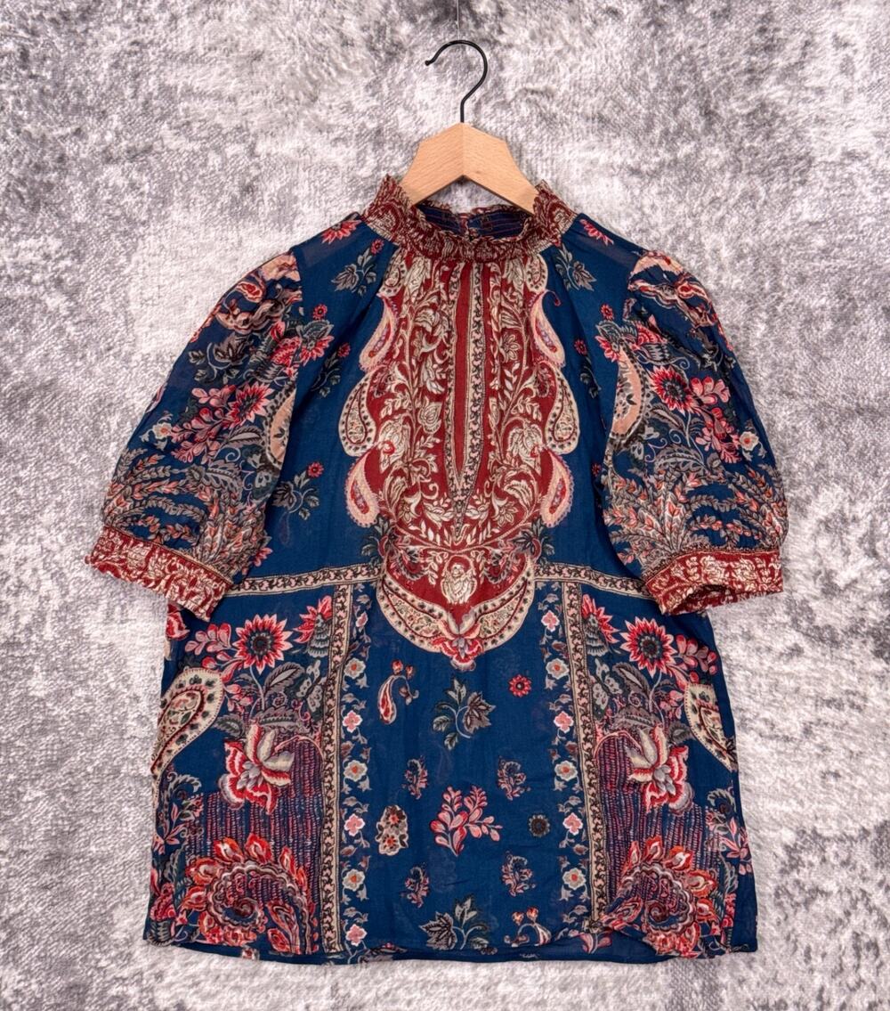 Ritu Kumar Top Small Womens Blue Paisley Mock Smocked Blouse